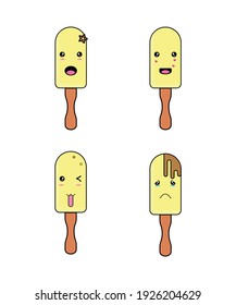 Cute and funny characters of ice cream together forever. Vanilla  ice cream icon, Popsicles with smiling human faces, Vector illustration