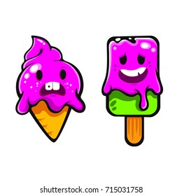 Cute and funny characters of ice cream, vector illustration isolated on white background, can be used for some emoji or cartoons