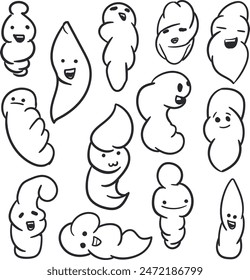 Lindos personajes divertidos que pueden ser nubes, fantasmas, poops, copos de helado, gusanos y deidades menores.
