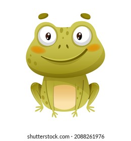 Cute funny cheerful frog. Green toad cartoon character vector illustration