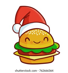 Cute and funny cheese burger wearing Santa's hat for Christmas and smiling - vector.
