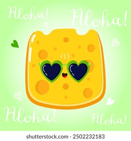 Cute funny Cheese character. Vector hand drawn cartoon kawaii character illustration icon. Isolated on green background. Cheese character concept. Aloha card