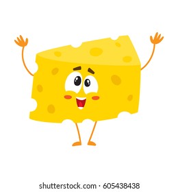 Cute and funny cheese chunk character greeting, welcoming with hands raised up, cartoon vector illustration isolated on white background. Funny greeting cheese piece character, mascot with human face