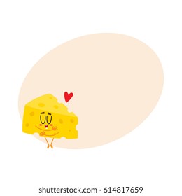 Cute and funny cheese chunk character showing love, hugging itself, cartoon vector illustration with space for text. Funny cheese piece character, mascot with human face, love concept