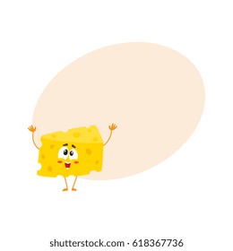 Cute and funny cheese chunk character greeting, welcoming with hands raised up, cartoon vector illustration with space for text. Funny greeting cheese piece character, mascot with human face