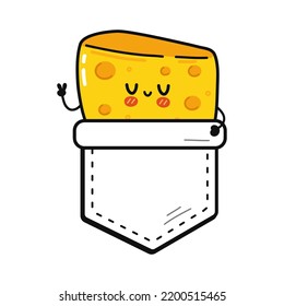 Cute funny cheese pocket t-shirt print.Vector cartoon doodle line style character logo illustration design. Isolated white background. Funny cartoon cheese print for pocket t-shirt