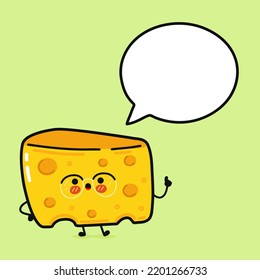 Cute funny cheese with speech bubble. Vector hand drawn cartoon kawaii character illustration icon. Isolated on green background. Cheese character concept