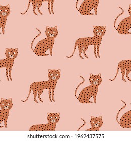 Cute funny cheetah. Spotted ginger cats. African animals seamless pattern.