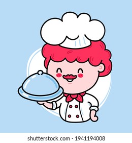Cute funny chef cook character serving a dish. Vector hand drawn cartoon kawaii character illustration icon. Cute kawaii cook chef character logo concept