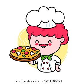 Cute funny chef cook hold pizza character. Vector hand drawn cartoon kawaii character illustration icon. Isolated on white background. Cute kawaii cook character with pizza logo concept