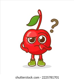 Cute funny cherry character with question.