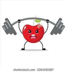Cute and funny cherry doing weightlifting. fruit doing fitness or sports exercises. Happy character working out vector illustration.