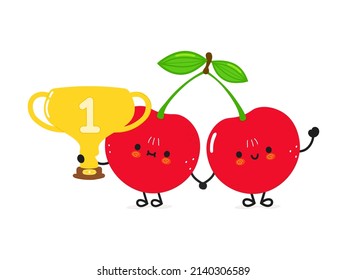 Cute divertido cereza sostiene la copa de trofeo de oro. Dibujo a mano del vector icono de ilustración kawaii.Aislado sobre fondo blanco. Cereza con copa de trofeo ganador, emoji, niño, cara, adorable, concepto de niños