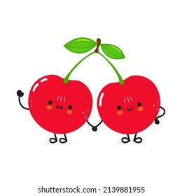 Cute funny cherry waving hand character.Vector hand drawn cartoon kawaii character illustration icon. Isolated on white background. Cherry character emoji,child,face,adorable,kids,cartoon,doodle,cute