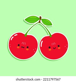 Cute Funny Cherry Waving Hand Character. Vector Hand Drawn Cartoon Kawaii Character Illustration Icon. Isolated On White Background. Cherry Character Concept