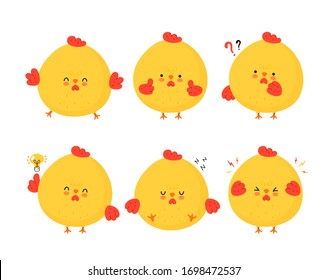 Cute funny chicken cock set collection. Vector cartoon character illustration icon design.Isolated on white background