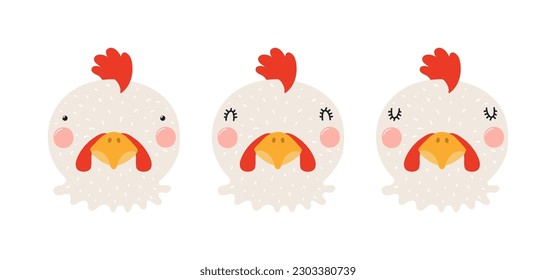 Cute funny chicken faces illustrations set. Hand drawn cartoon character. Scandinavian style flat design, isolated vector. Kids print element, poster, card, wildlife, nature, baby animals