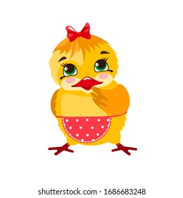 Cute and funny chicken girl. Vector, isolated image on a white background, in the style of a cartoon.