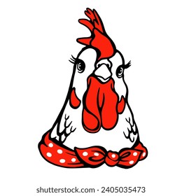 Cute funny chicken in a red bandana. Line art. Vector illustration