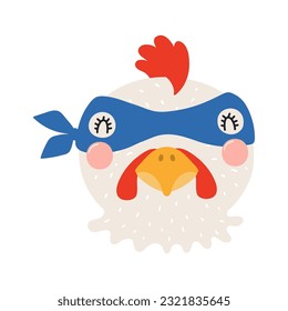 Cute funny chicken superhero face in mask cartoon character illustration. Hand drawn Scandinavian style flat design, isolated vector. Kids print element, cool, brave animal, comic book super hero