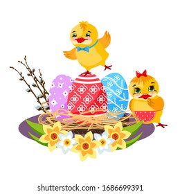 Cute and funny chickens and Easter painted eggs. Illustration for the holiday of Bright Easter. Vector, isolated image on a white background, in the style of a cartoon.