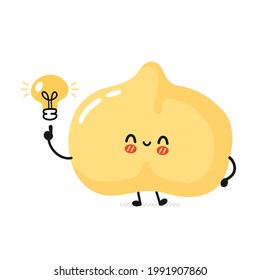 Cute funny chickpea character with idea light bulb. Vector flat cartoon kawaii character illustration icon. Isolated on white background. Chickpea cartoon character concept