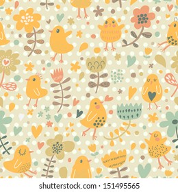 Cute funny chiken in flowers. Bright summer romantic background in vector. Seamless pattern can be used for wallpapers, pattern fills, web page backgrounds, surface textures