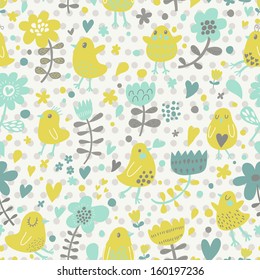 Cute funny chiken in flowers. Bright summer romantic background in vector. Seamless pattern can be used for wallpapers, pattern fills, web page backgrounds, surface textures