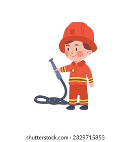 Cute funny child dressed as firefighter holding hose flat style, vector illustration isolated on white background. Decorative design element, children profession, smiling kid boy