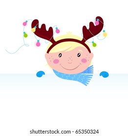 Cute funny Child in reindeer costume with blank banner / sign
