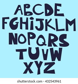 Cute funny childish alphabet. Vector font illustration.Funny cartoon style ABC for kids.