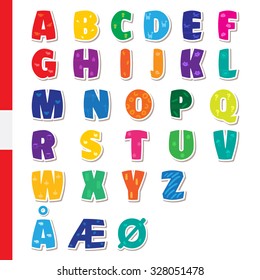 Cute funny childish Danish alphabet. Vector font illustration