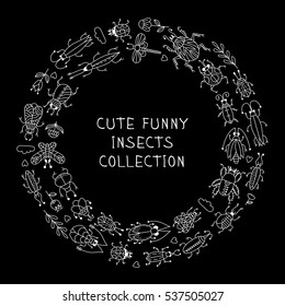 Cute funny childish different doodle bugs insects round border divider frame on black background