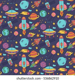 Cute funny childish doodles hand drawn colorful outer space cosmos spaceship planets asteroids saturn orbit stars rockets shuttle satellite seamless vector pattern