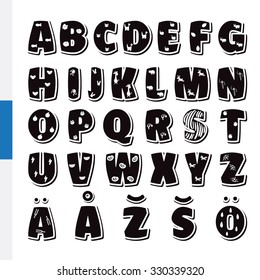 Cute funny childish Finnish alphabet. Vector font illustration