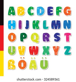 Cute funny childish German,  alphabet. Vector font illustration