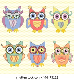 Cute funny childish owls characters collection