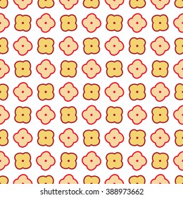 Cute funny childish seamless background pattern with yellow, red and pink contoured flowers isolated on the white (transparent) fond. Vector illustration eps