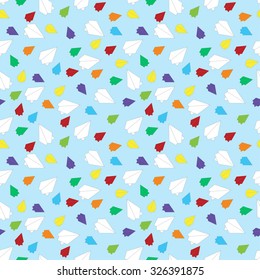 Cute funny childish seamless pattern with  multicolored planes on the blue background. Vector illustration eps 