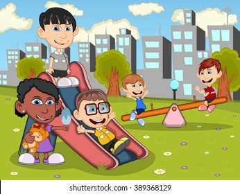 Cute and funny children playing in the park cartoon vector illustration