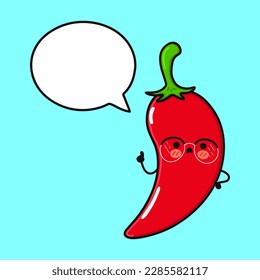 Cute funny Chili pepper with speech bubble. Vector hand drawn cartoon kawaii character illustration icon. Isolated on blue background. Chili pepper character concept