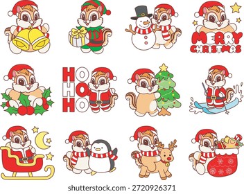 Cute funny Chipmunk sticker icon with christmas theme. Funny Chipmunk in the variation of Christmas decoration 