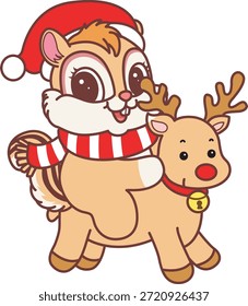 Cute funny Chipmunk sticker icon with christmas theme. Funny Chipmunk riding a reindeer