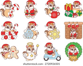 Ícone de adesivo engraçado bonito Chipmunk com tema de Natal. Chipmunk engraçado na variação do traje de sinterklaas