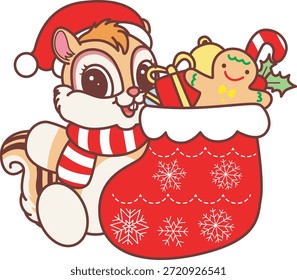 Icono divertido lindo de la etiqueta engomada de la ardilla con tema de la Navidad. Divertida ardilla con calcetines rojos