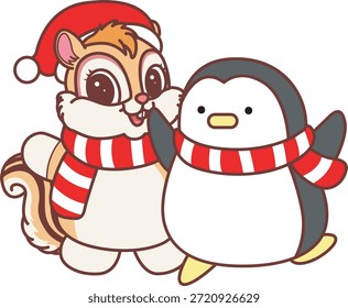 Icono divertido lindo de la etiqueta engomada de la ardilla con tema de la Navidad. Ardilla divertida con el pingüino 