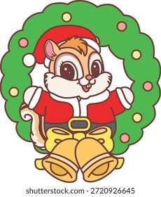 Cute funny Chipmunk sticker icon with christmas theme. Funny Chipmunk in the door decoration