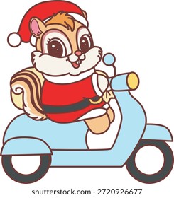 Cute funny Chipmunk sticker icon with christmas theme. Funny Chipmunk riding a scooter