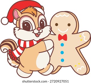 Icono divertido lindo de la etiqueta engomada de la ardilla con tema de la Navidad. Divertida ardilla con pan de jengibre 