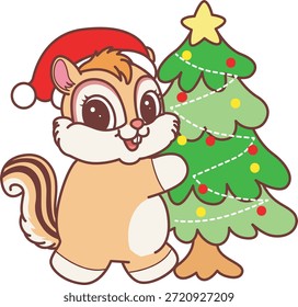 Ícone de adesivo engraçado bonito Chipmunk com tema de Natal. Esquilos engraçados com árvore de Natal